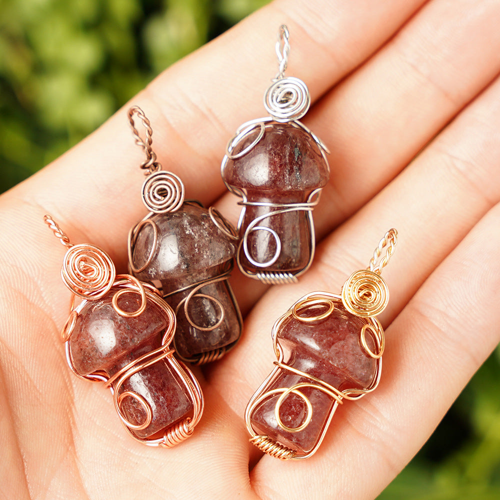 Wholesale Natural Crystal Mushroom Pendant Handmade Silk Cute Little Mushroom Crystal Mesh Bag Necklaces ACC-NE-RongGuan014