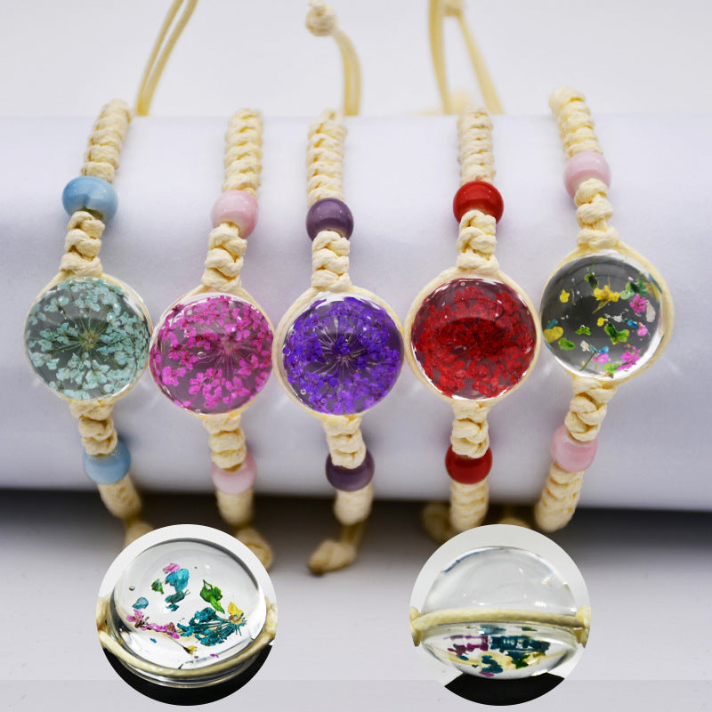 Wholesale Women' s Handmade Dried Flower Bracelet with Glass Ball Charm,  Red,  Boutique Resale Gift for Everyday Wear