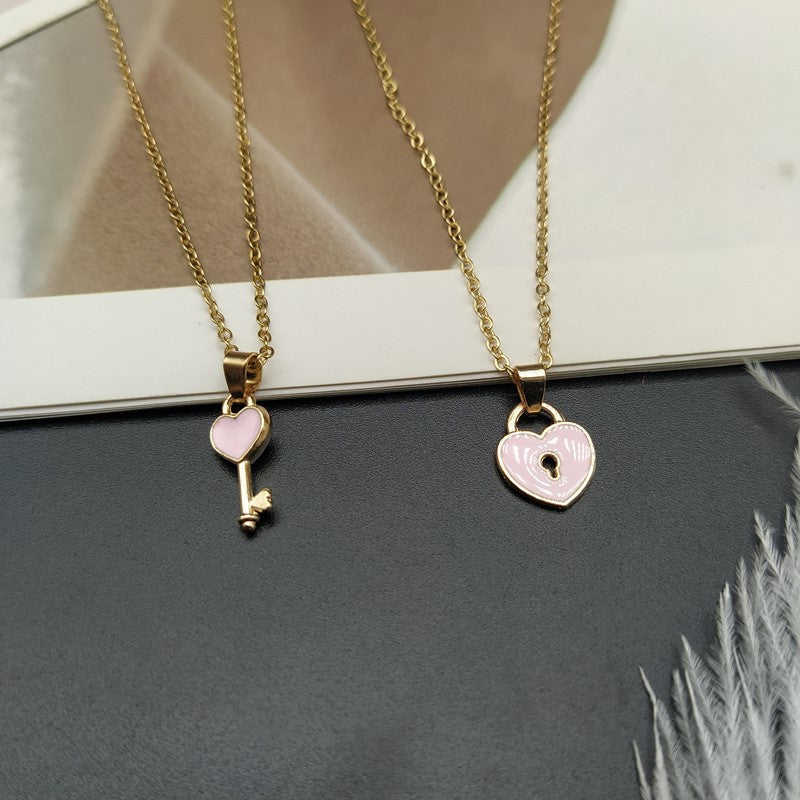 Wholesale 2pcs Small Key Lock Love Pendant Gold Clavicle Chain Necklace Heart Necklace Choker Necklace ACC-NE-JiuS003
