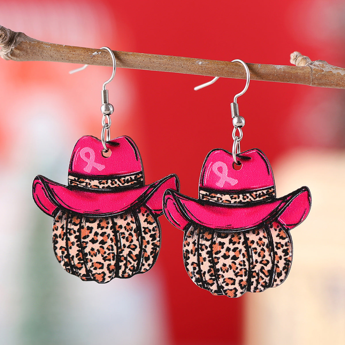 Wholesale Thanksgiving Hat Bow Leopard Print Pumpkin Wood Western Style Earrings ACC-ES-ChuLian078