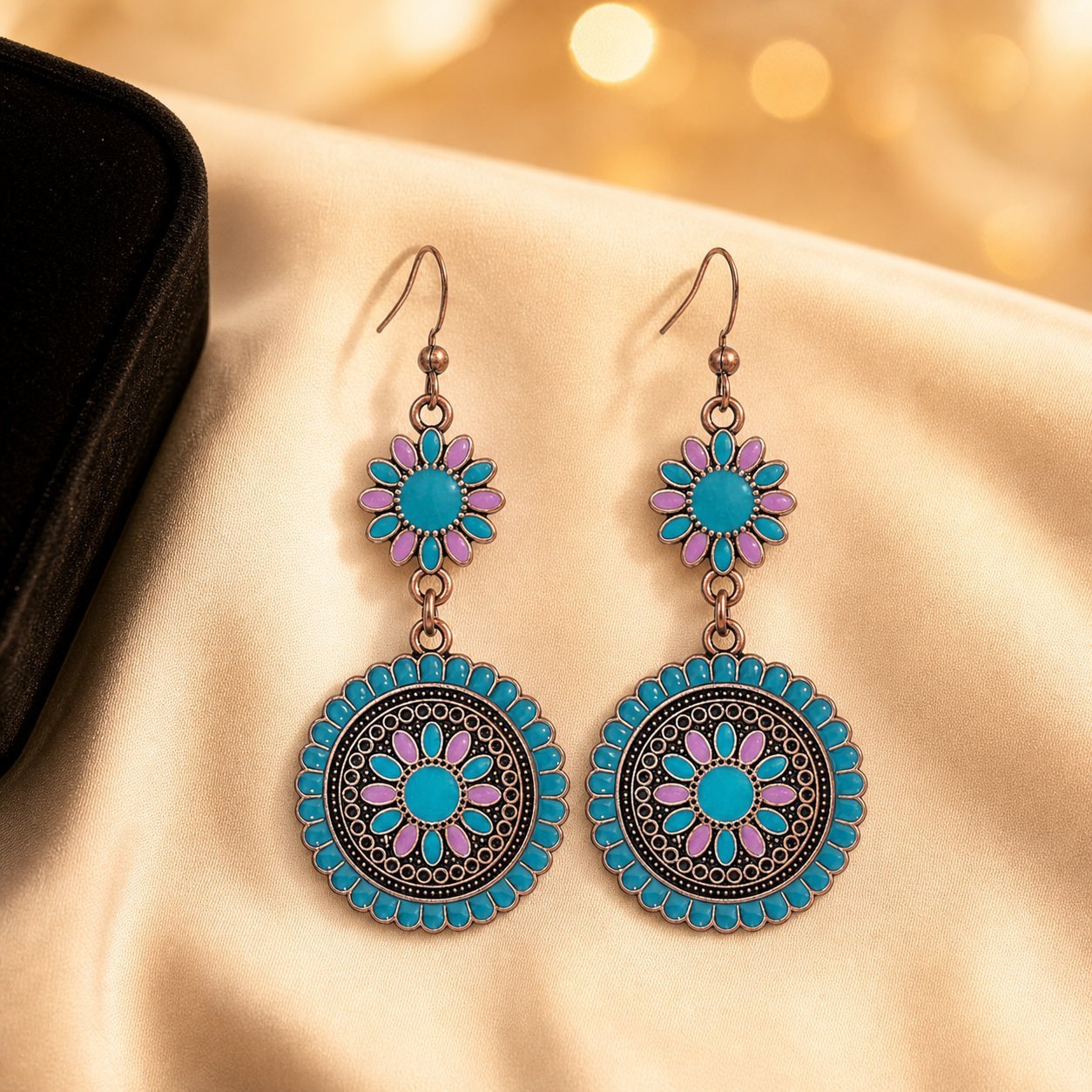 Wholesale Bohemian Geometric Round Oil Drop Earrings Bronze Red Alloy Flower Design Boutique Resale Jewelry Accessory