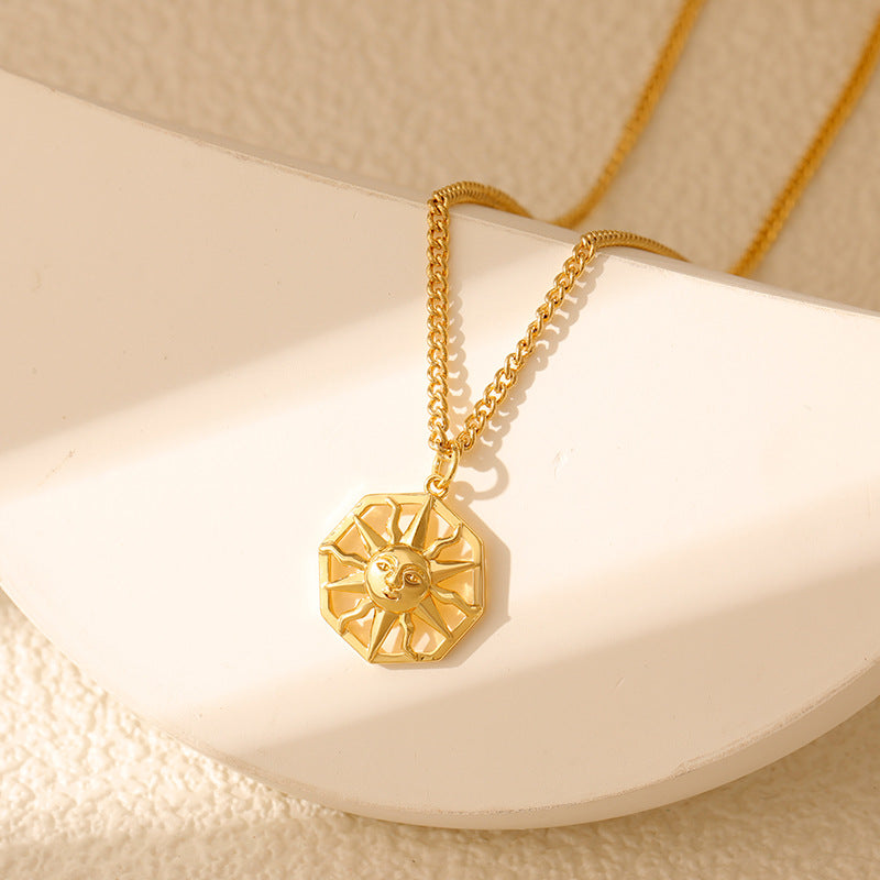 Wholesale Stainless steel  Sun Pendant Sun Star Hollow Color Zirconium Tarot Niche Fashion Necklace