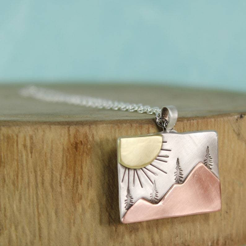 Wholesale Retro Creative Sun Mountain Forest Pattern Square Necklace