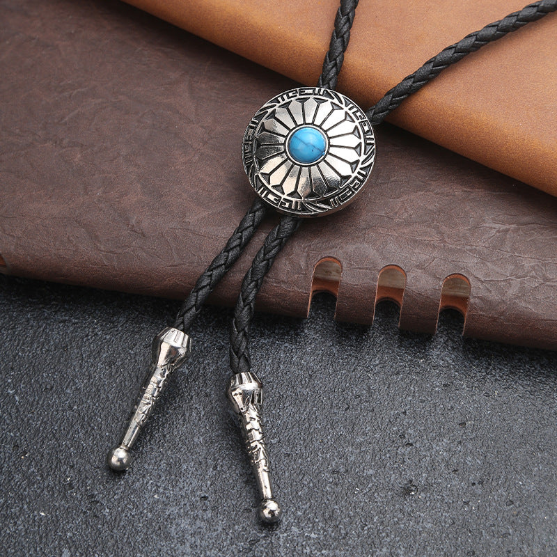 Wholesale Vintage Western Turquoise Lace Bolo Tie Necklace Unisex Alloy Leather Pendant Jewelry Accessory