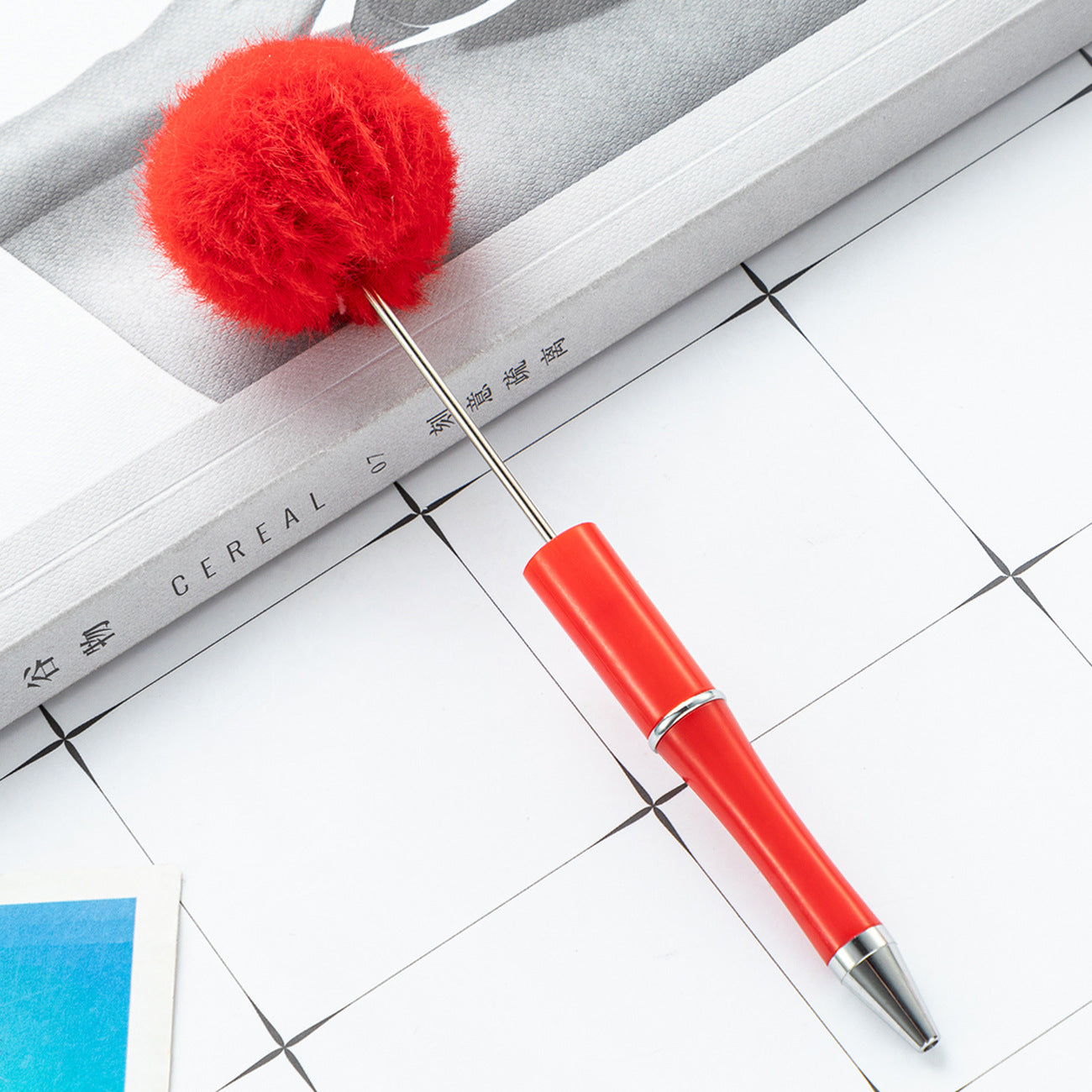 Wholesale Beadable Pens Pom Pom Fuzzy Plastic DIY Beaded Pens Solid Color Pens