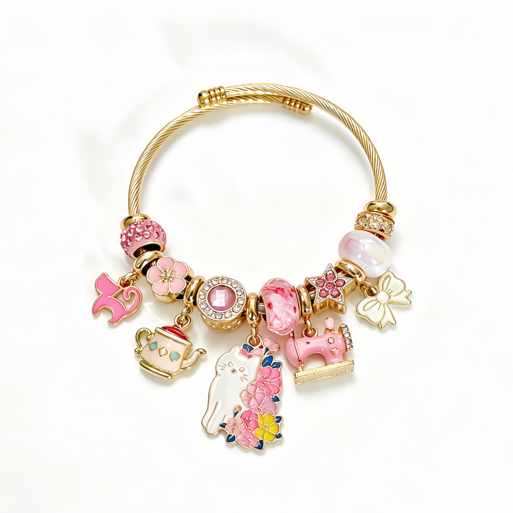 Wholesale Cute Cat Teapot Sewing Machine Charm Bracelet Stainless Steel Open Bangle Trendy Women Jewelry Accessory