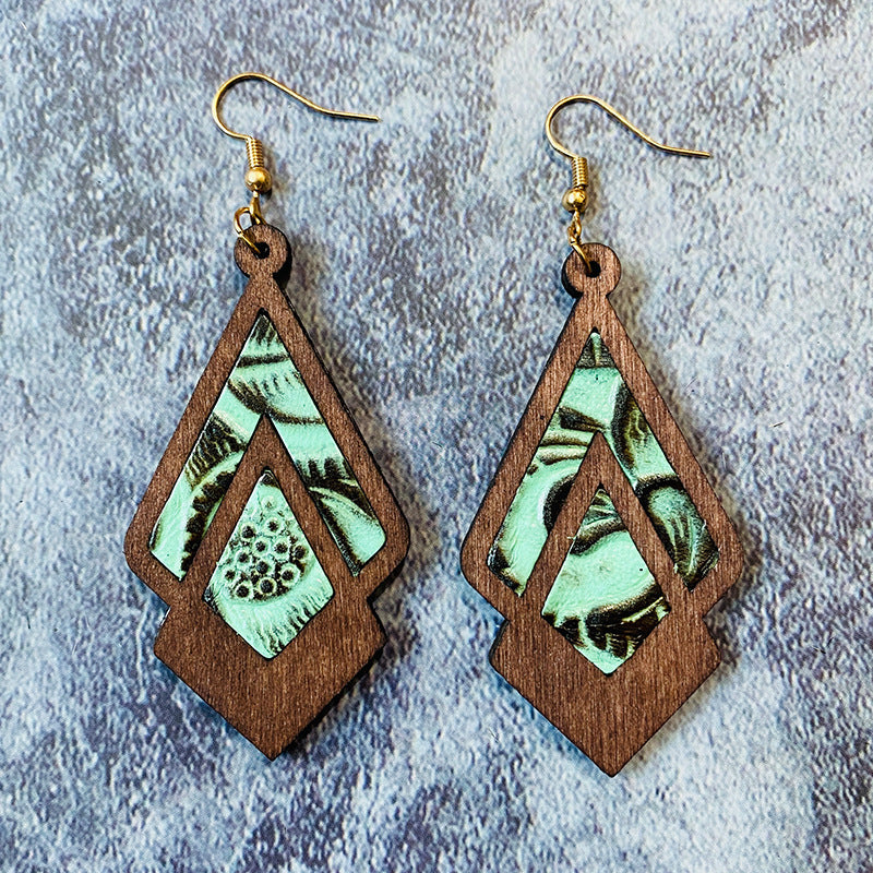 Wholesale Vintage Western Cowhide Embossed Inlaid Wood Earrings ACC-ES-XinChuan070