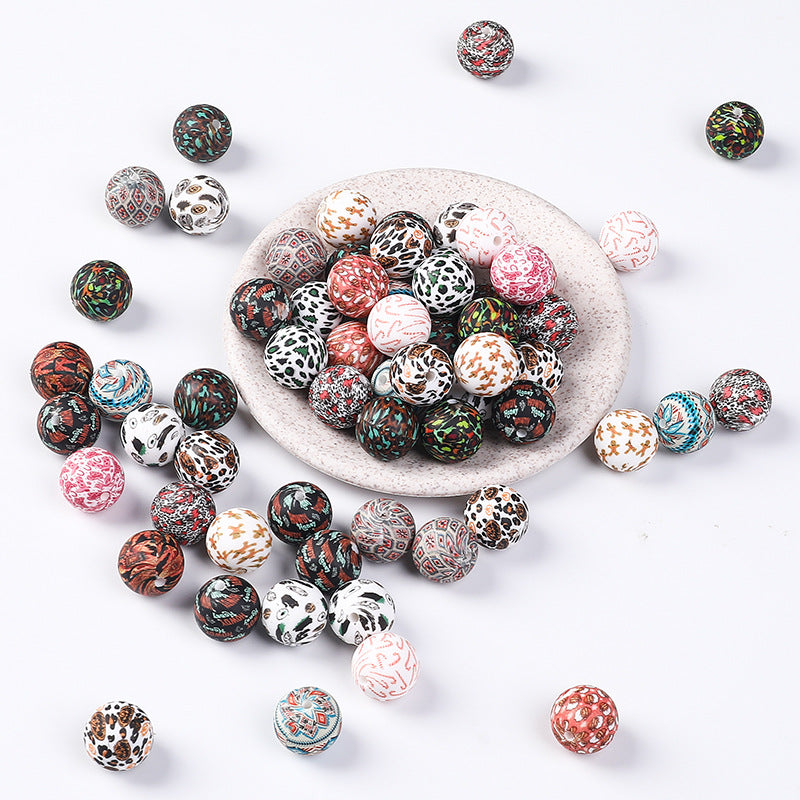 Wholesale 100pcs Western Style Aztec Denim Leopard Print 15mm Silicone Beads DIY Beading Accessories ACC-BDS-RongFa009