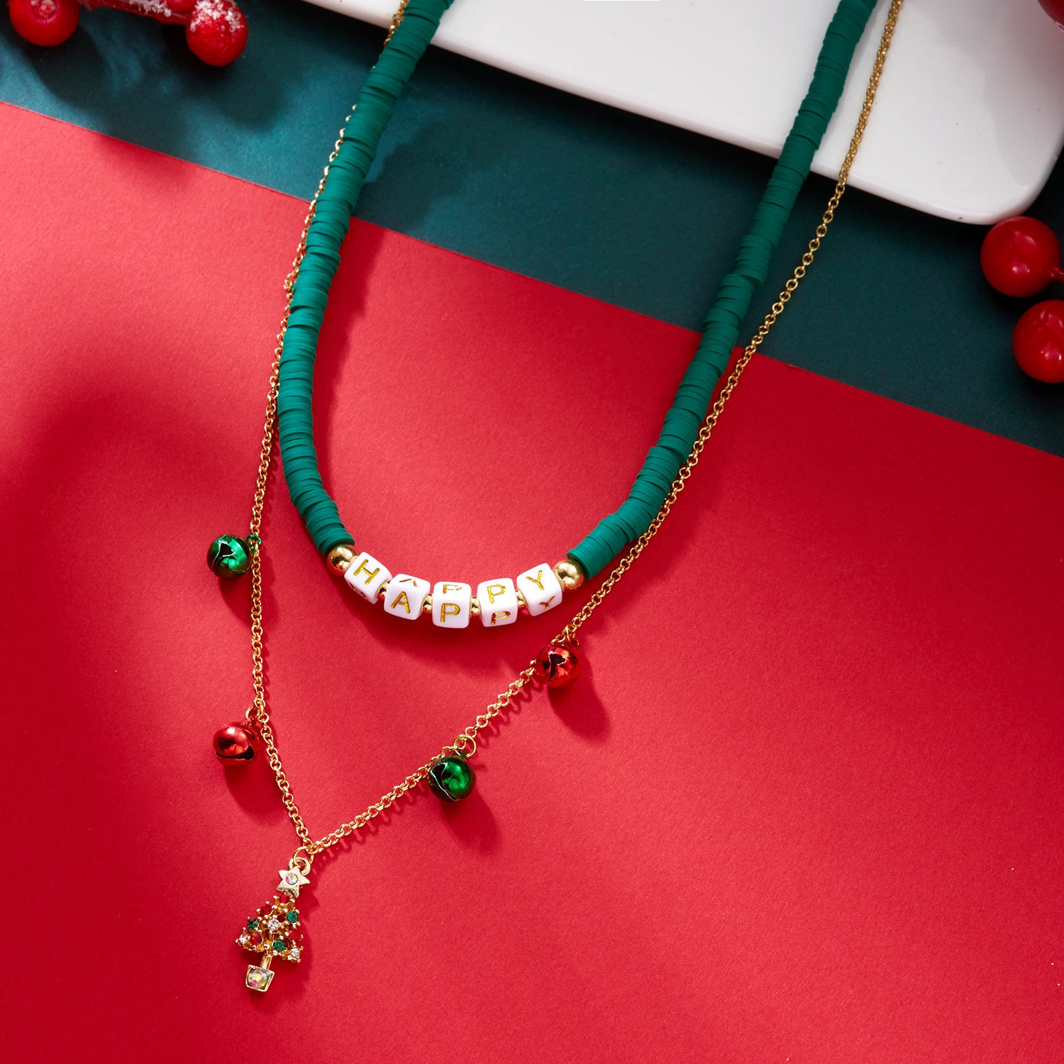 Wholesale Christmas Tree Snowflake Polymer Clay Double Layer Necklace