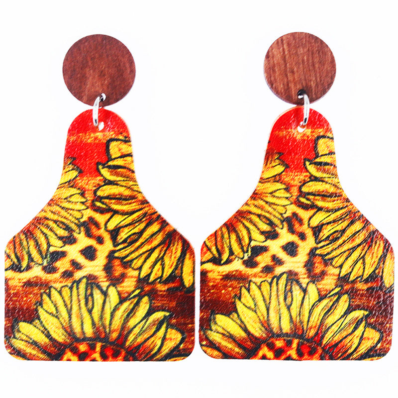 Wholesale Western Old Style Cow Sunflower Leopard Print Leather Bottle Shape Wooden Disc Splicing Earrings