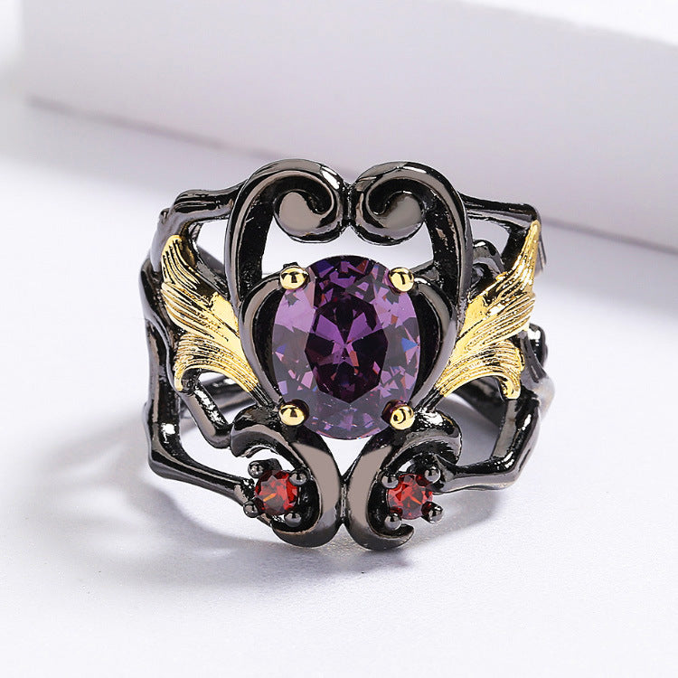 Wholesale  Retro Black Gold Two-color Ethnic Ginkgo Flower Ring Necklace Earrings Three-piece Set