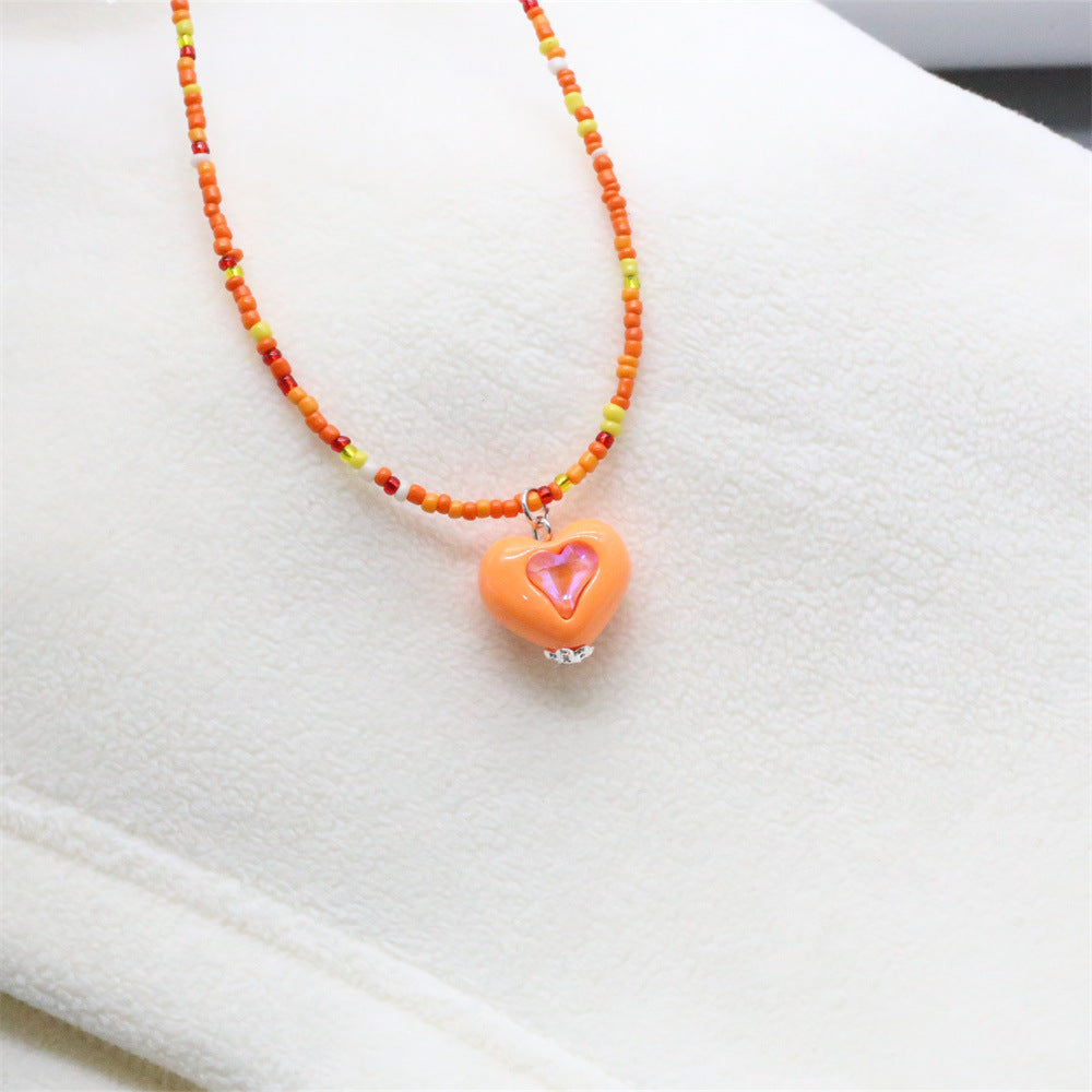 Wholesale Zircon Heart Pendant Rice Bead Necklace