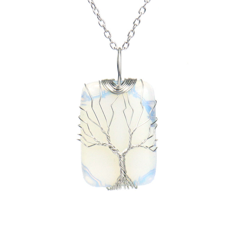 Wholesale Handmade Wire Wrapped Rectangular Tree Of Life Pendant Necklace Natural White Crystal Agate Jewelry Accessory For Resale