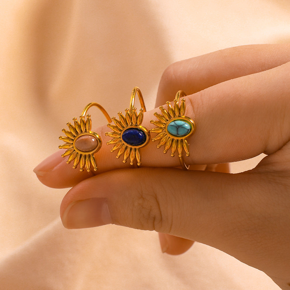 Wholesale Stainless Steel Sun Shape Inlaid Natural Stone Open Rings ACC-RS-XinY012