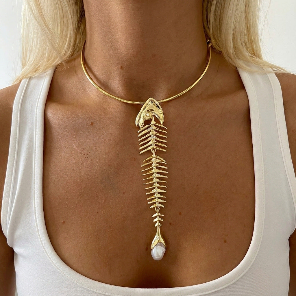 Wholesale Vintage Fishbone Pearl Pendant Necklace,  Alloy Plated Geometric,  62cm - Fashion Jewelry Accessory for Resale