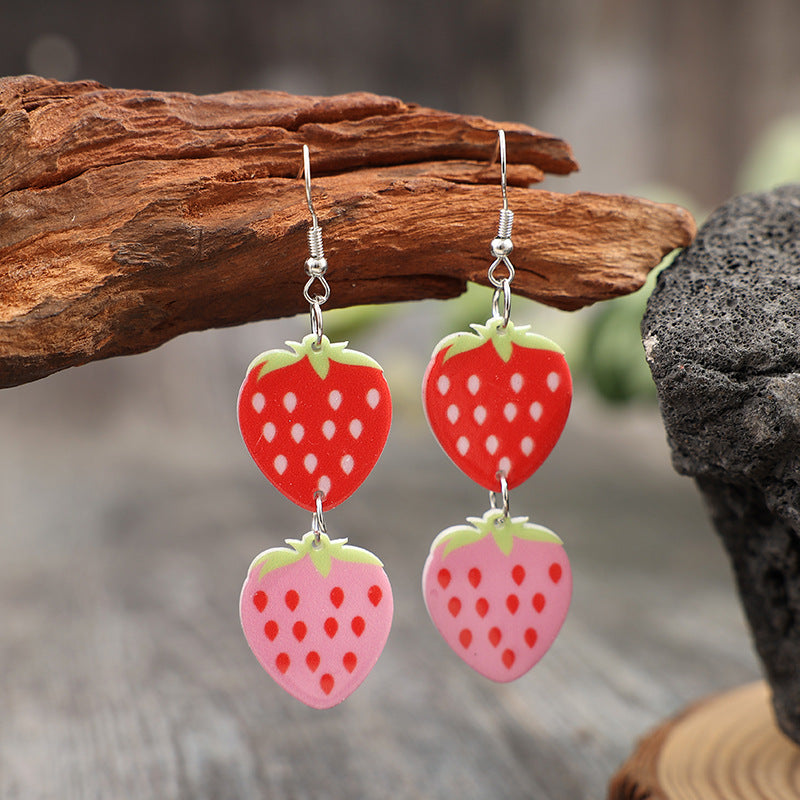 Wholesale two strawberry splicing acrylic fashionable simple ladies earrings