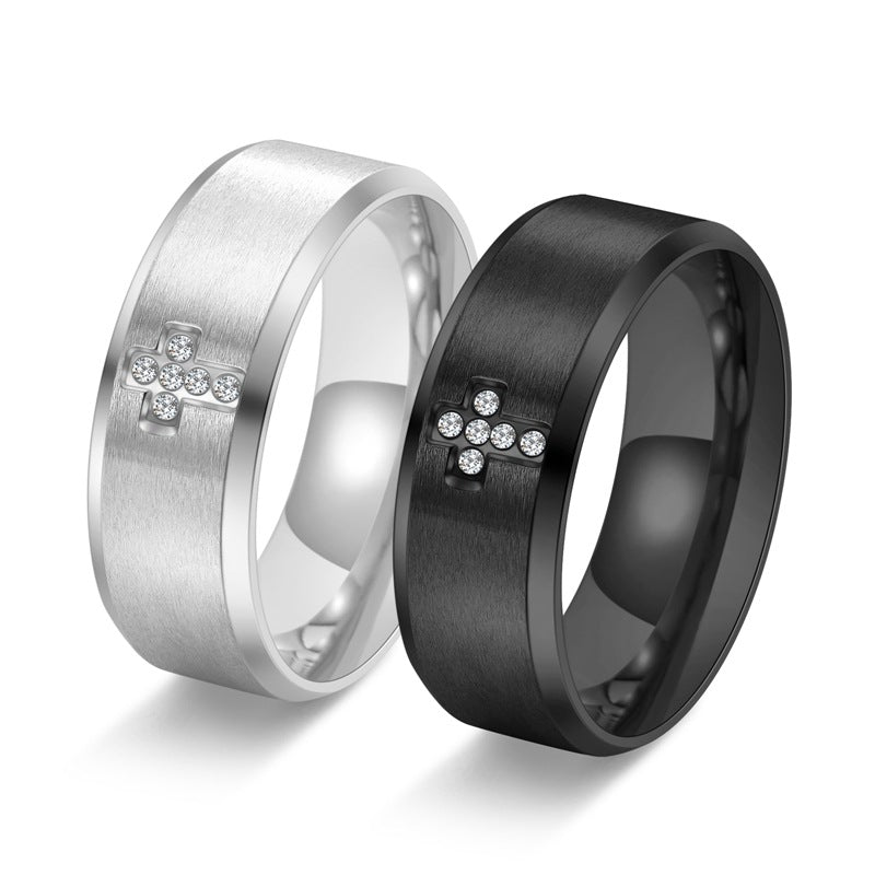 Anello in titanio con croce diamantata spazzolata larga 8 mm all'ingrosso