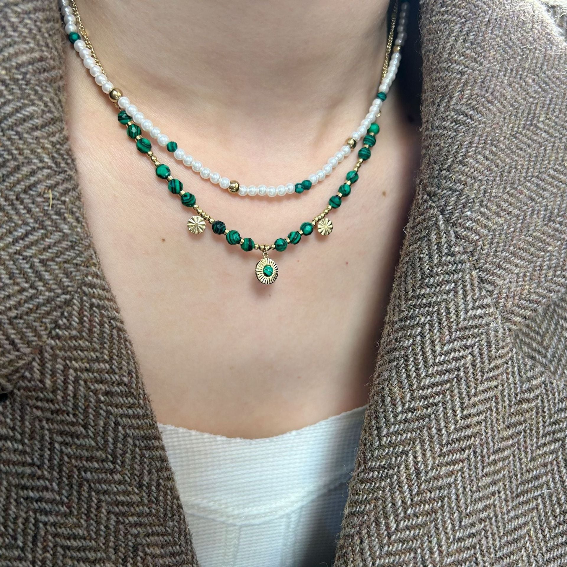 Wholesale Stainless Steel Natural Malachite Beaded Necklace Freshwater Pearl Clavicle Chain