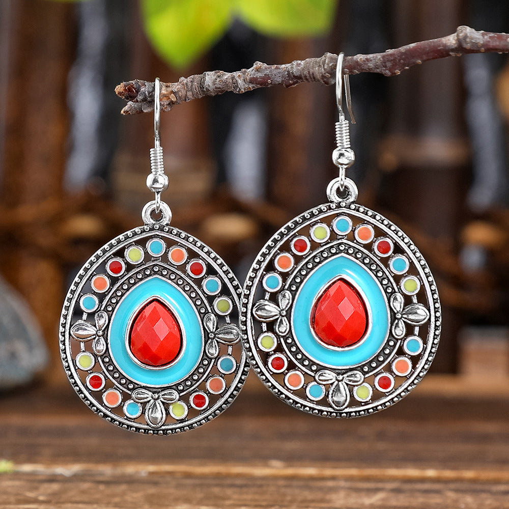 Wholesale Alloy Bohemian Hook Earrings Retro Ethnic Turquoise Oil-Drip Style for Women Gift Boutique Resale