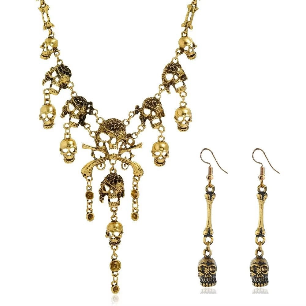 Wholesale  Skull Pirate Fringe Jewelry Set - Ancient Silver Alloy Earrings and Necklace,  Fashion Accessory for Boutique Resale