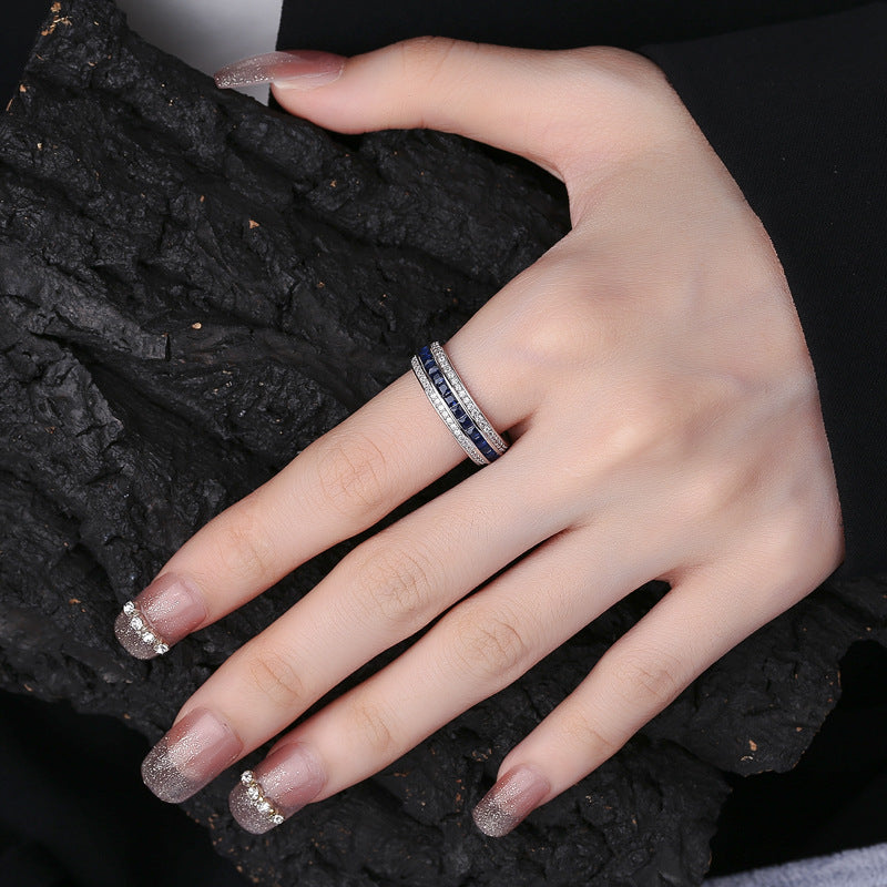 Wholesale S925 Sterling Silver Micro-inlaid Blue Diamond Ring