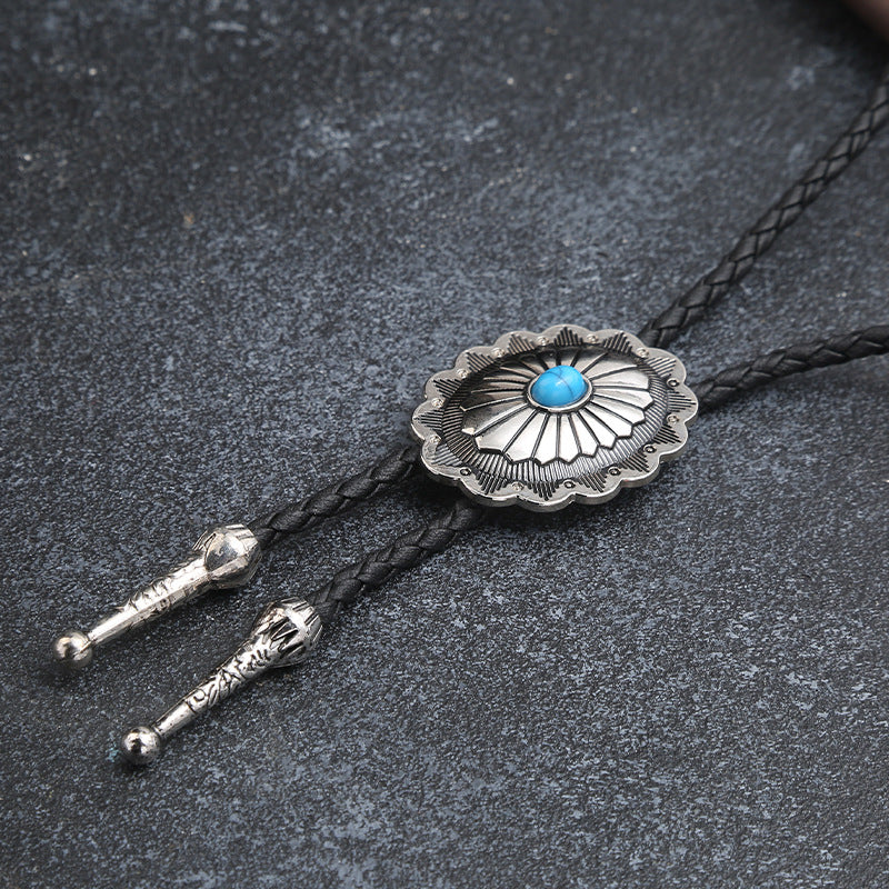 Wholesale Vintage Western Turquoise Lace Bolo Tie Necklace Unisex Alloy Leather Pendant Jewelry Accessory