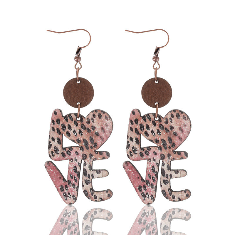 Wholesale Valentine's Day Wave Dot English Letter LOVE Wooden Shape Earrings