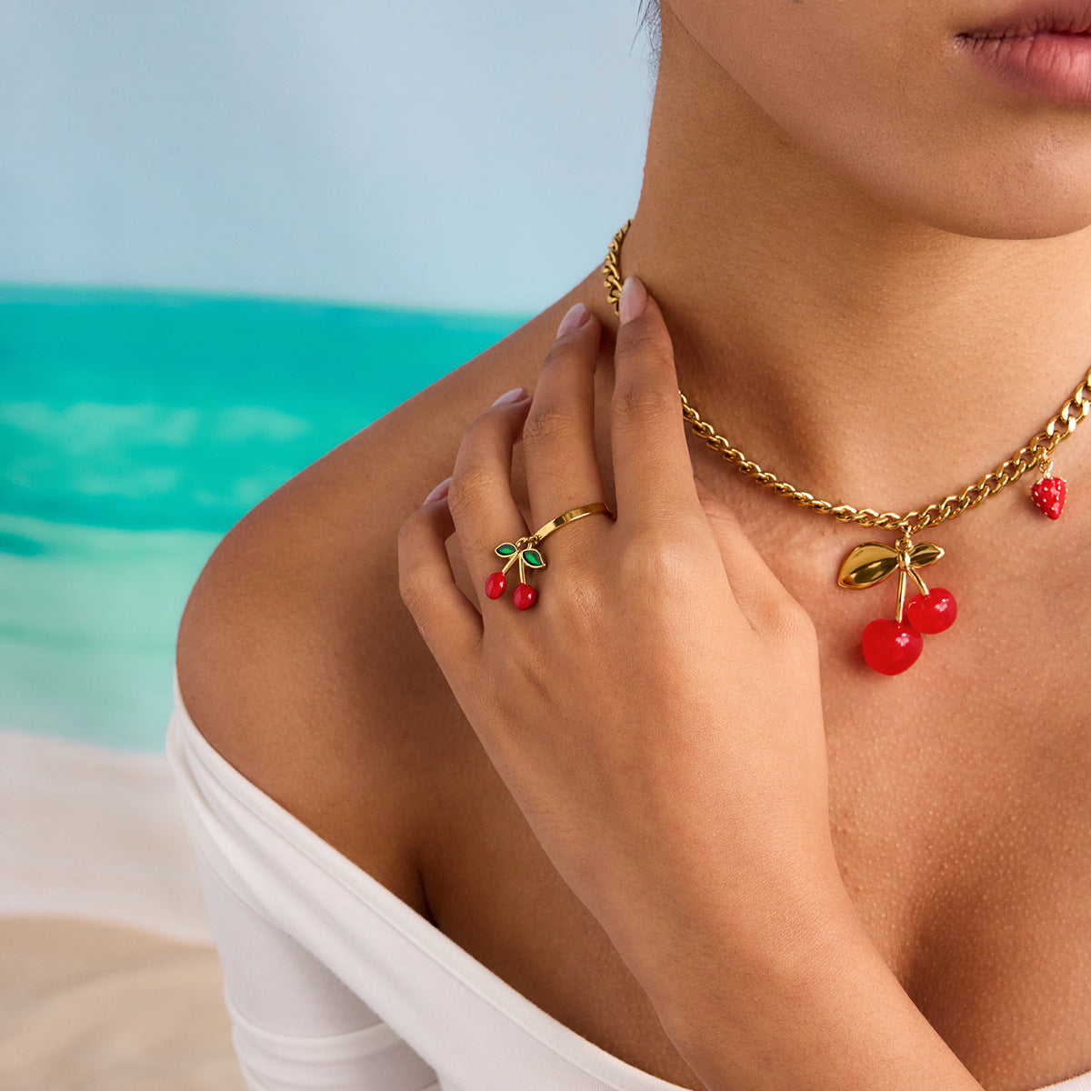 Wholesale  18K Gold Stainless Steel Oil-Dropping Cherry Pendant Adjustable Open Ring