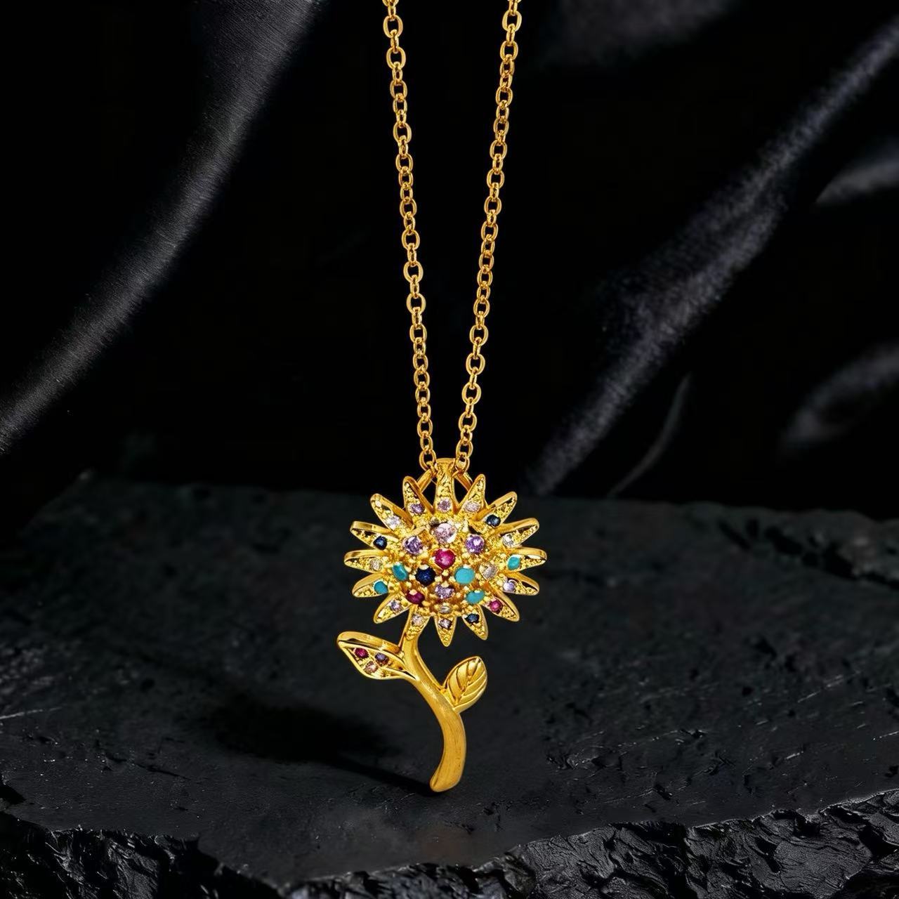Wholesale Gold Plated Copper Zircon Sunflower Necklace Layering Jewelry For Women Trendy Party Fashion Accessory Everyday Wear Boutique Resale