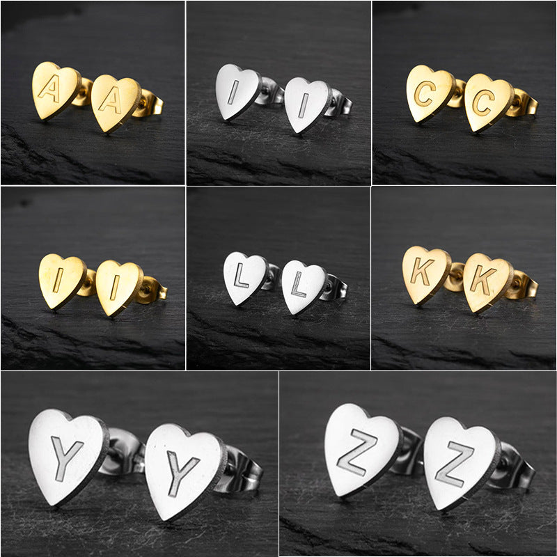 Wholesale Love Earrings English Letters Retro Gold and Silver Earrings Heart Earrings Titanium Steel ACC-ES-FaDiniya001
