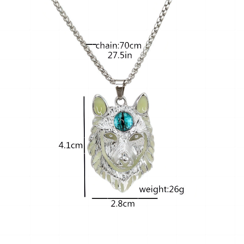 Wholesale Retro Punk Luminous Wolf Head Pendant Animal Men' s  Necklace