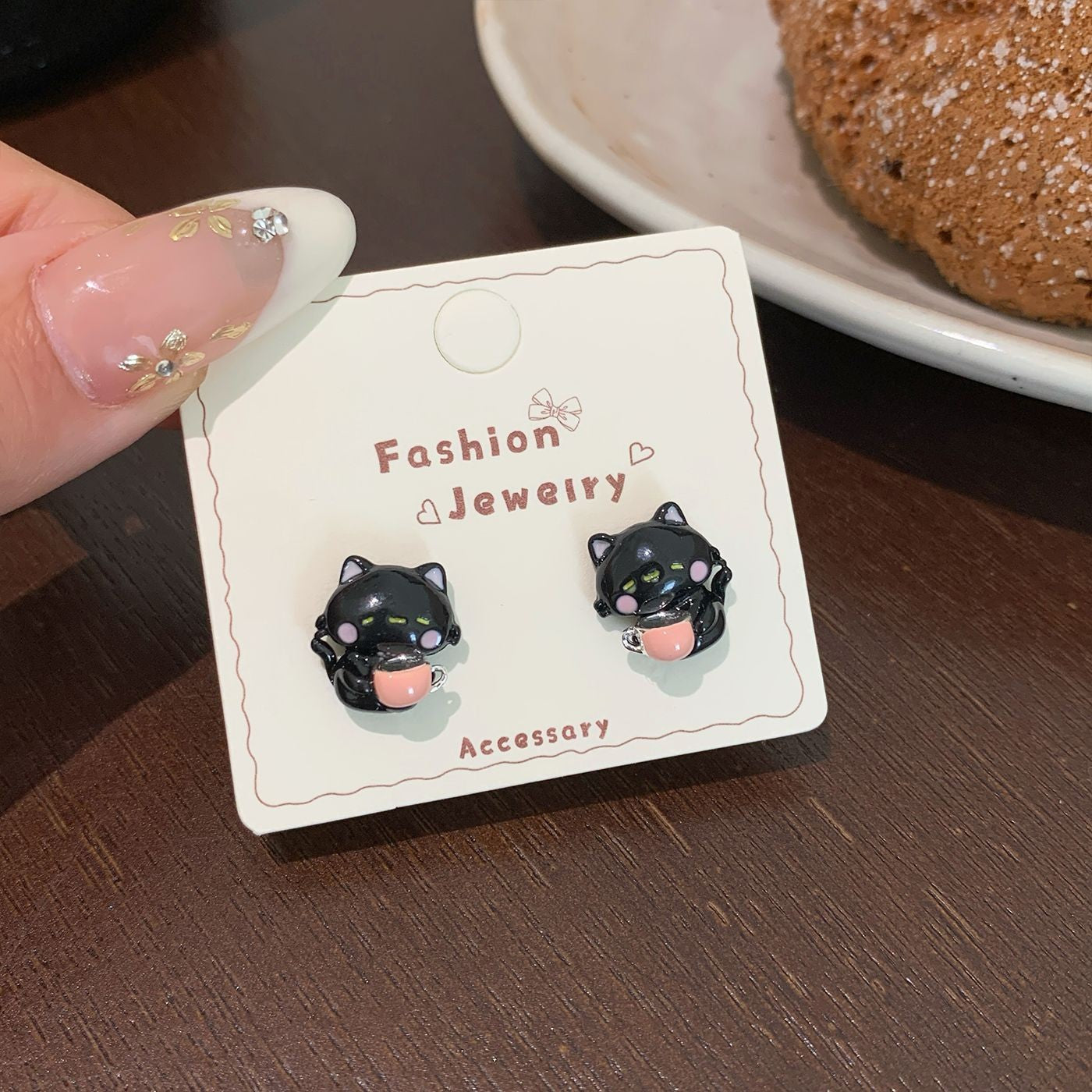 Wholesale Trendy Black Cat Earring Set,  Cute Cat Tail Design,  Silver Needle,  Zinc Alloy Drip Oil,  Everyday Jewelry Accessory