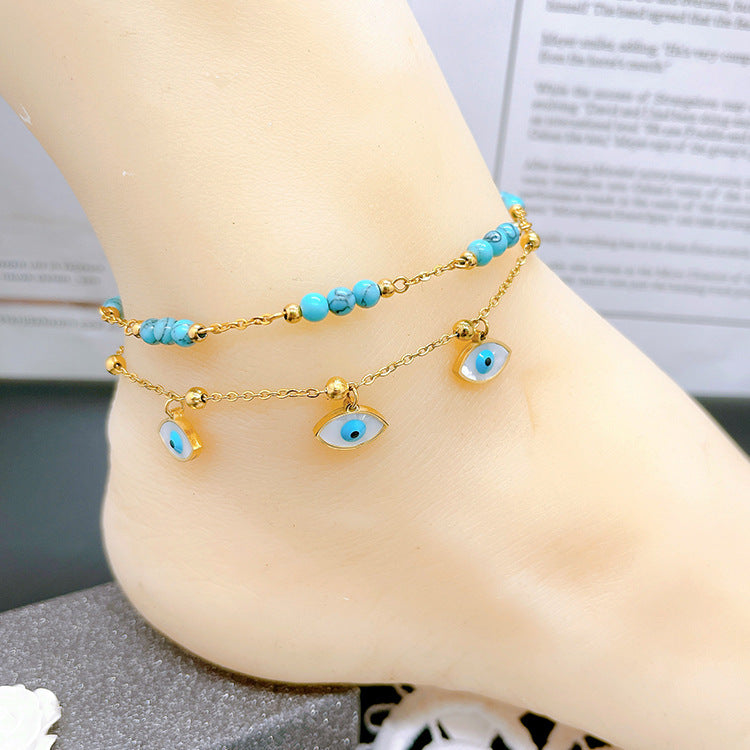Wholesale double-layer anklet turquoise lucky beads  anklet