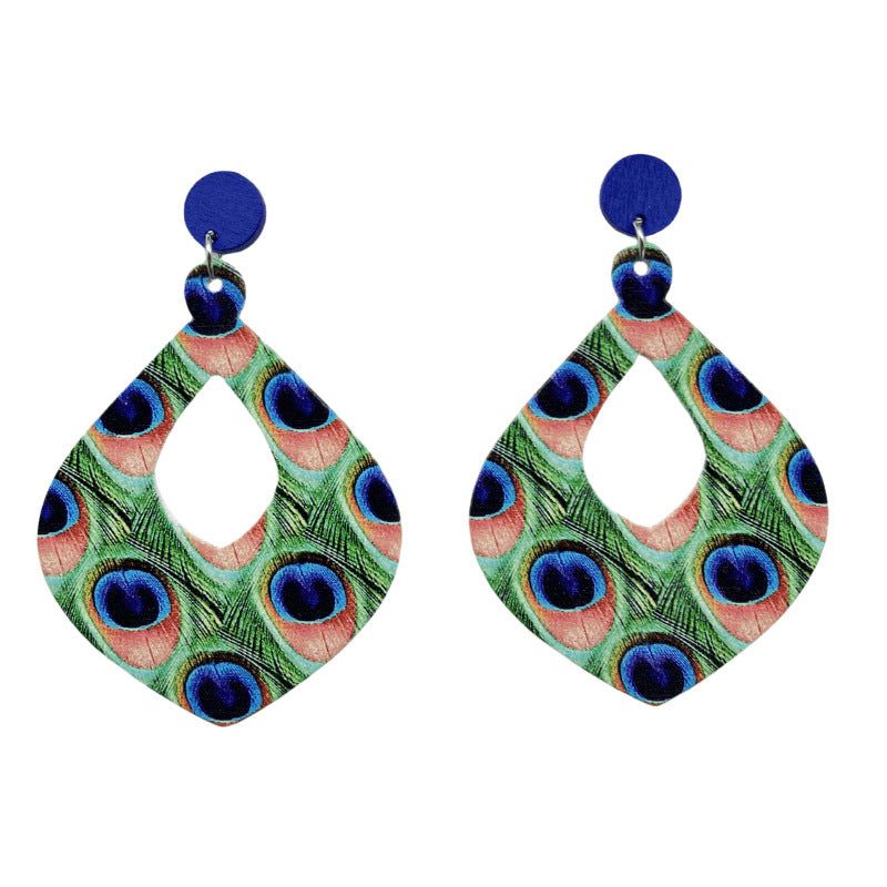 Wholesale Boho Retro Ethnic Style Peacock Feather Wooden Earrings ACC-ES-FX013