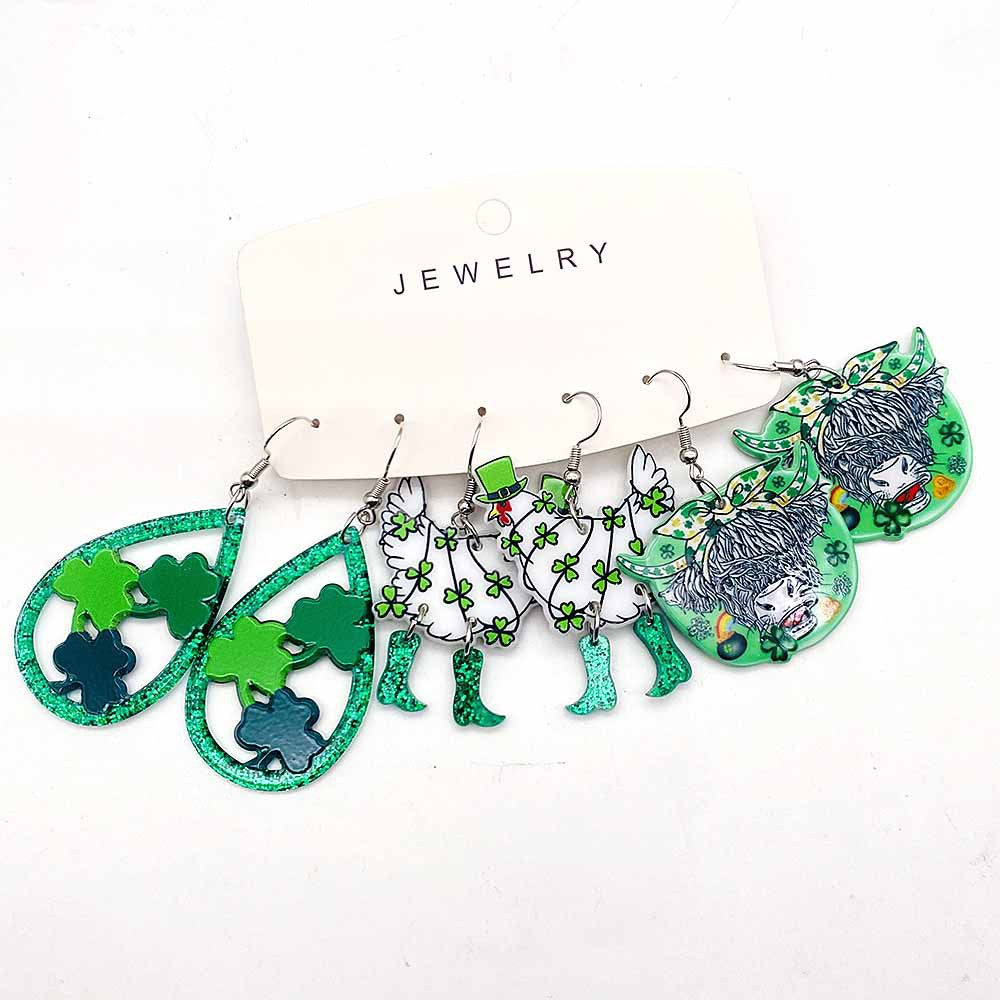 Wholesale Patrick Irish four-leaf clover rainbow hat rooster bull head acrylic earrings
