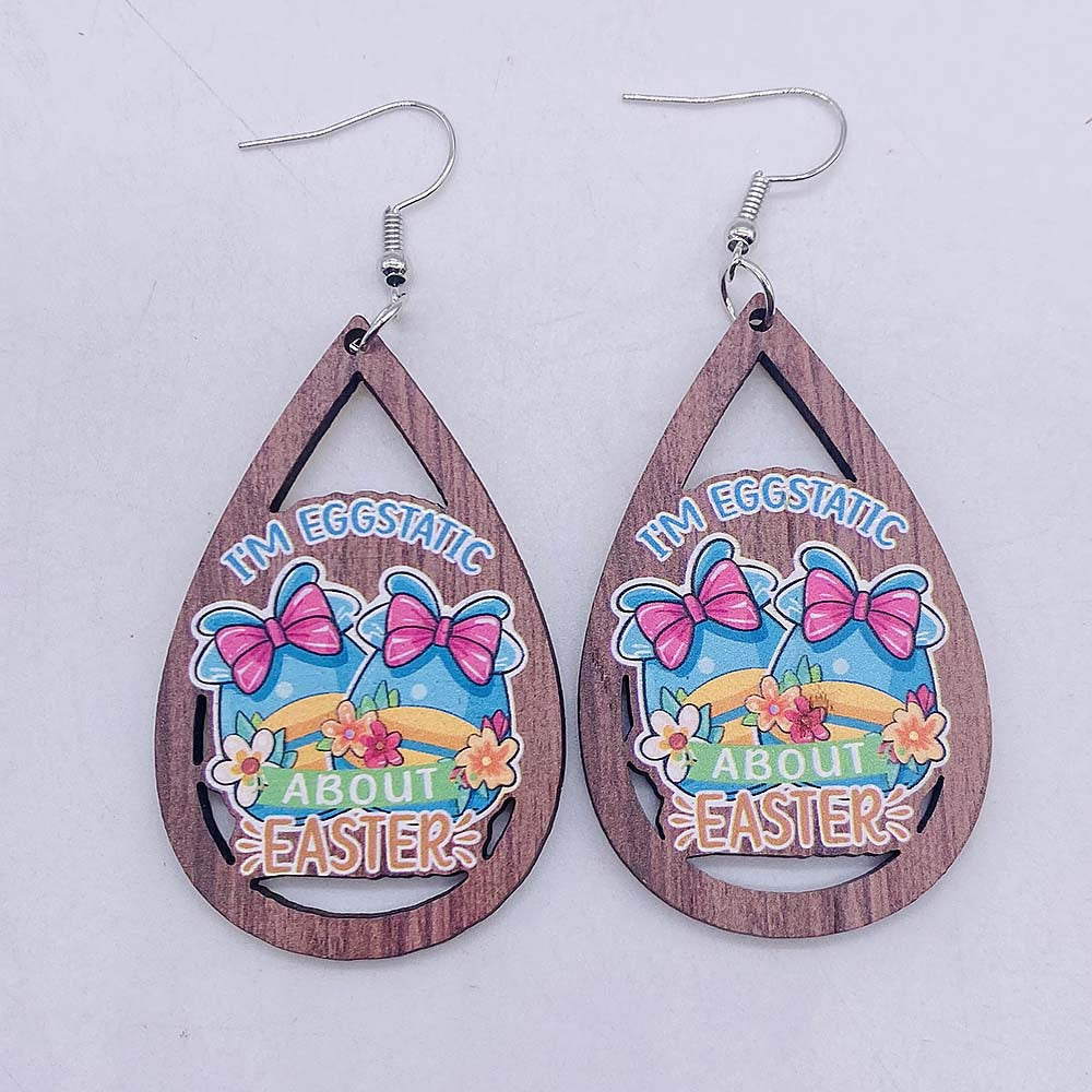 Wholesale Easter Egg Dwarf Rabbit Water Drop Hollow Wooden Earrings ACC-ES-CY003