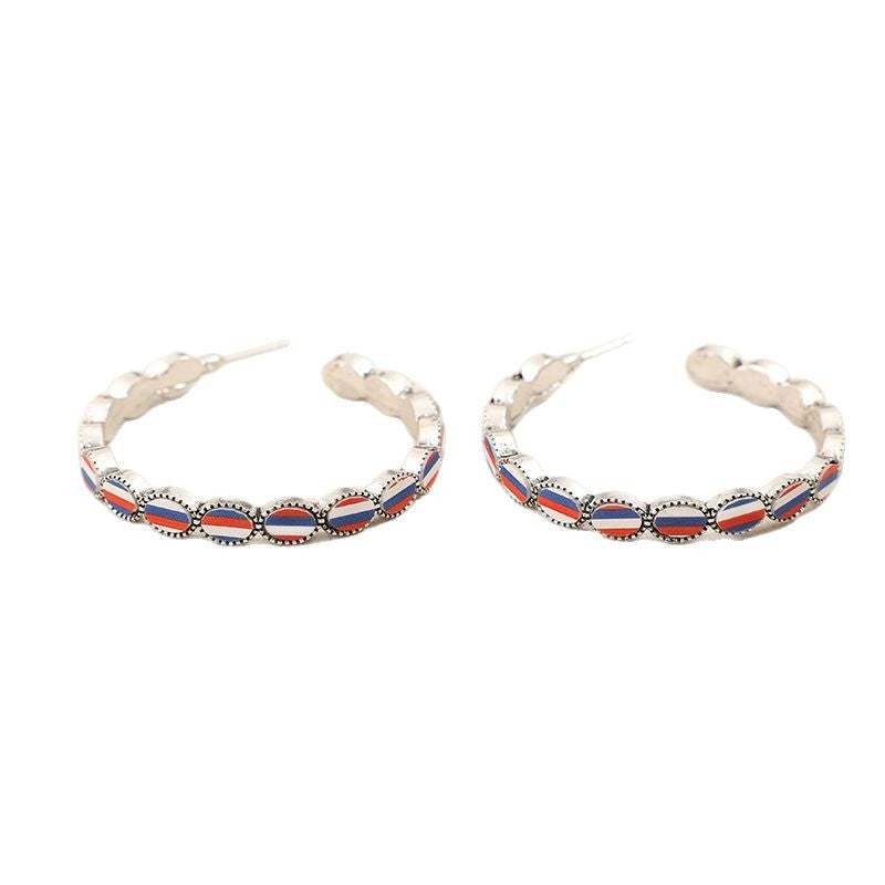 Wholesale American Independence Day C-shaped inlaid acrylic blue,white and red striped alloy earrings