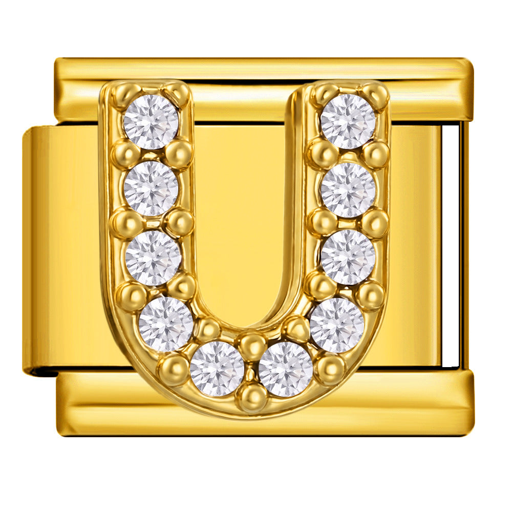 Wholesale Fashion Italian Style DIY Letter Modular Bracelet Stainless Steel Gold Tone Rhinestone Jewelry Accessory For Boutique Resale