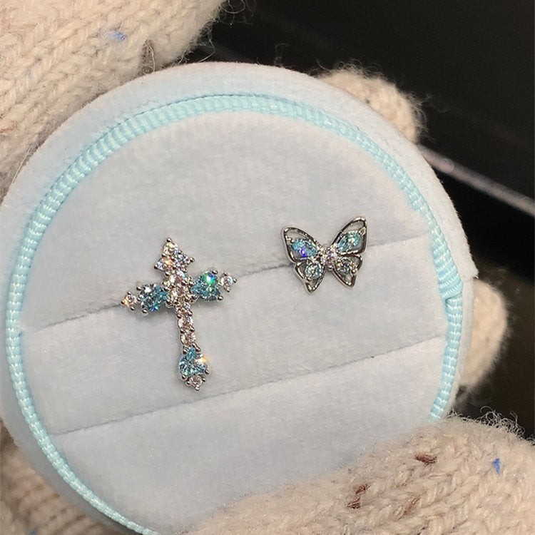 Wholesale Blue Butterfly Cross Zircon Titanium Steel Earrings