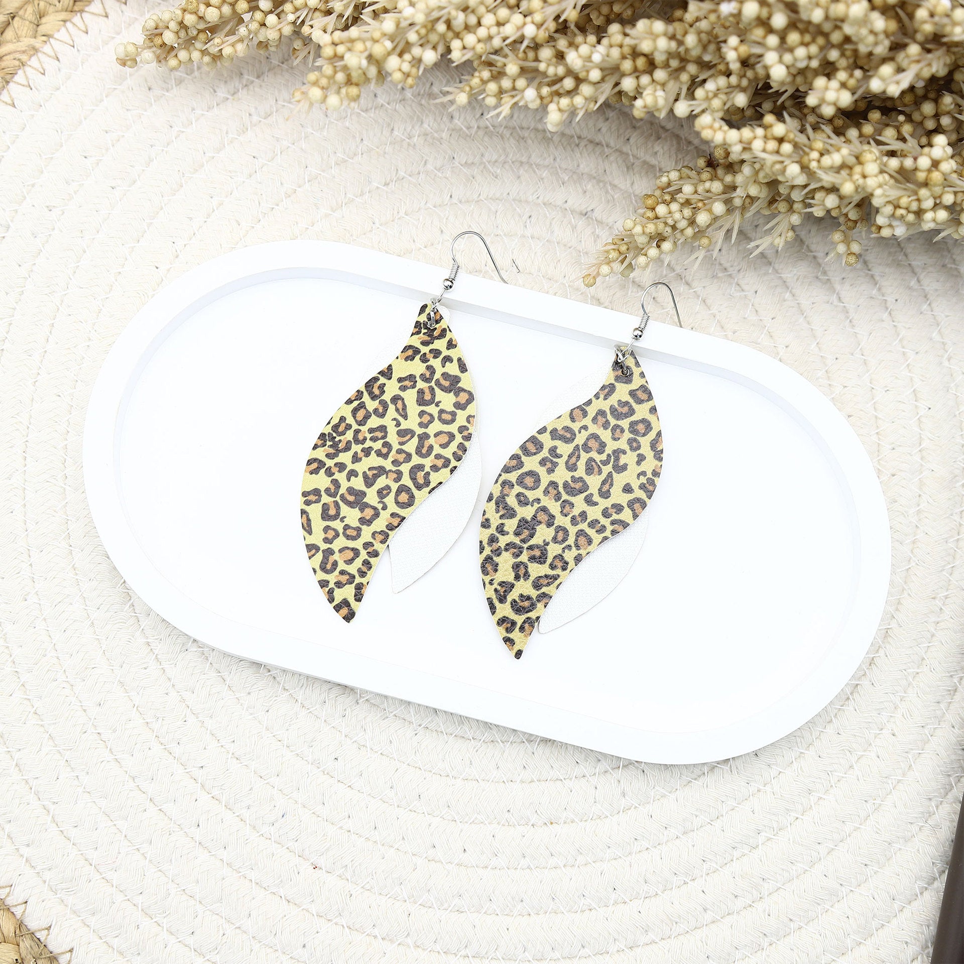 Wholesale  three-layer blade sequins leopard leather earrings