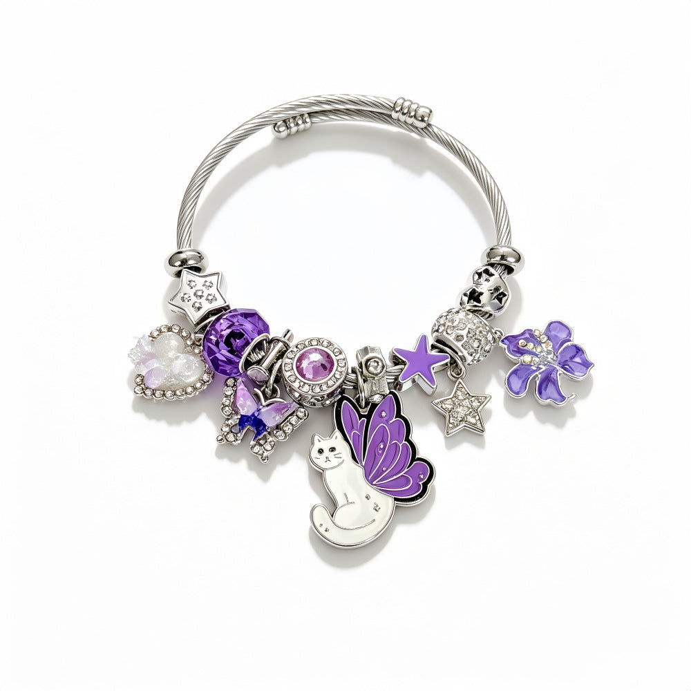 Wholesale Dreamy Purple Cat Design Beaded Bracelet Stainless Steel With Star Butterfly Flower Charms Fashion Accessory Gift
