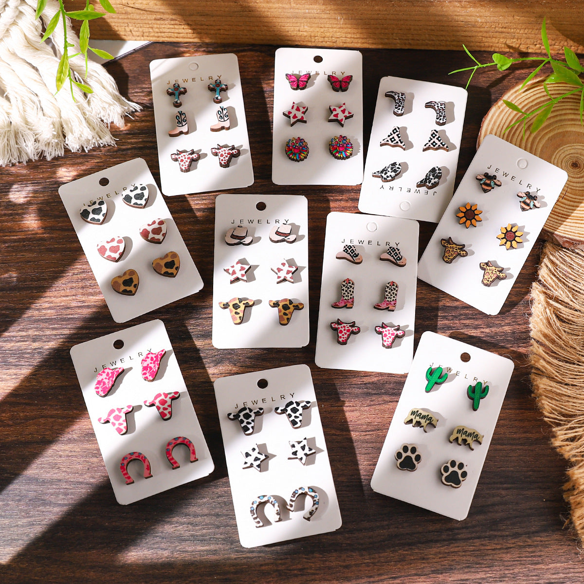 Wholesale Wooden Western Cowboy Style Cow Earrings