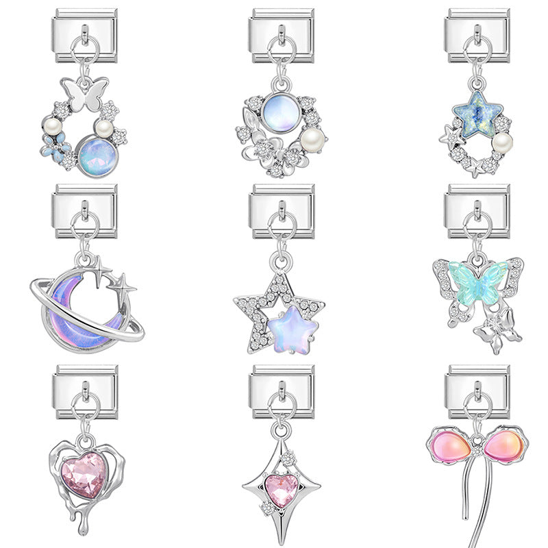 Wholesale Italian Charm Bracelet 9mm DIY Splicing Removable Stainless Steel Blue Purple Butterfly Composable Bracelet