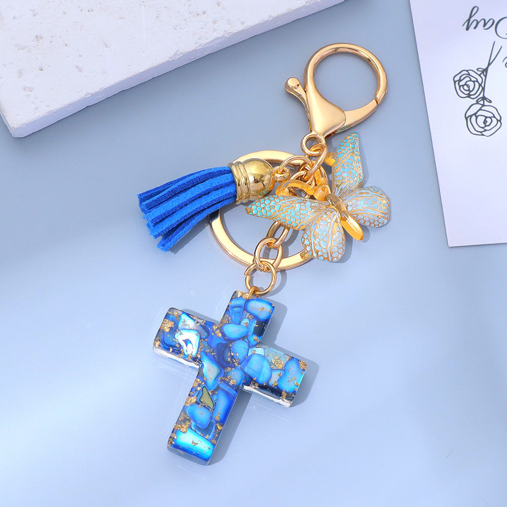Wholesale Little Fresh Resin Butterfly Cross Keychain Tassel Bag Pendant Boutique Resale