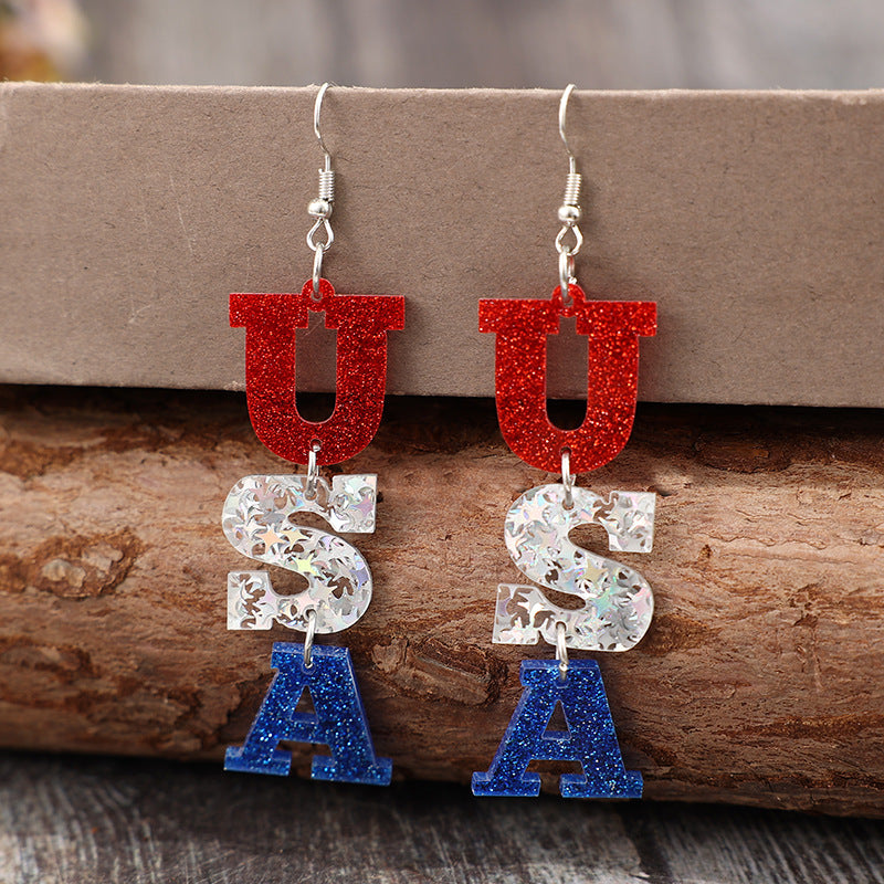 Wholesale  Independence Day Trendy Acrylic Usa Fine Glitter Letter Splicing Earrings