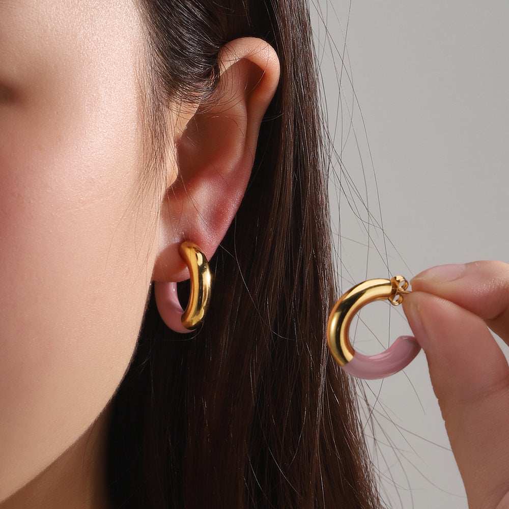 Wholesale Titanium steel earrings  drop oil color enamel  opening C- shaped buckle retro earrings