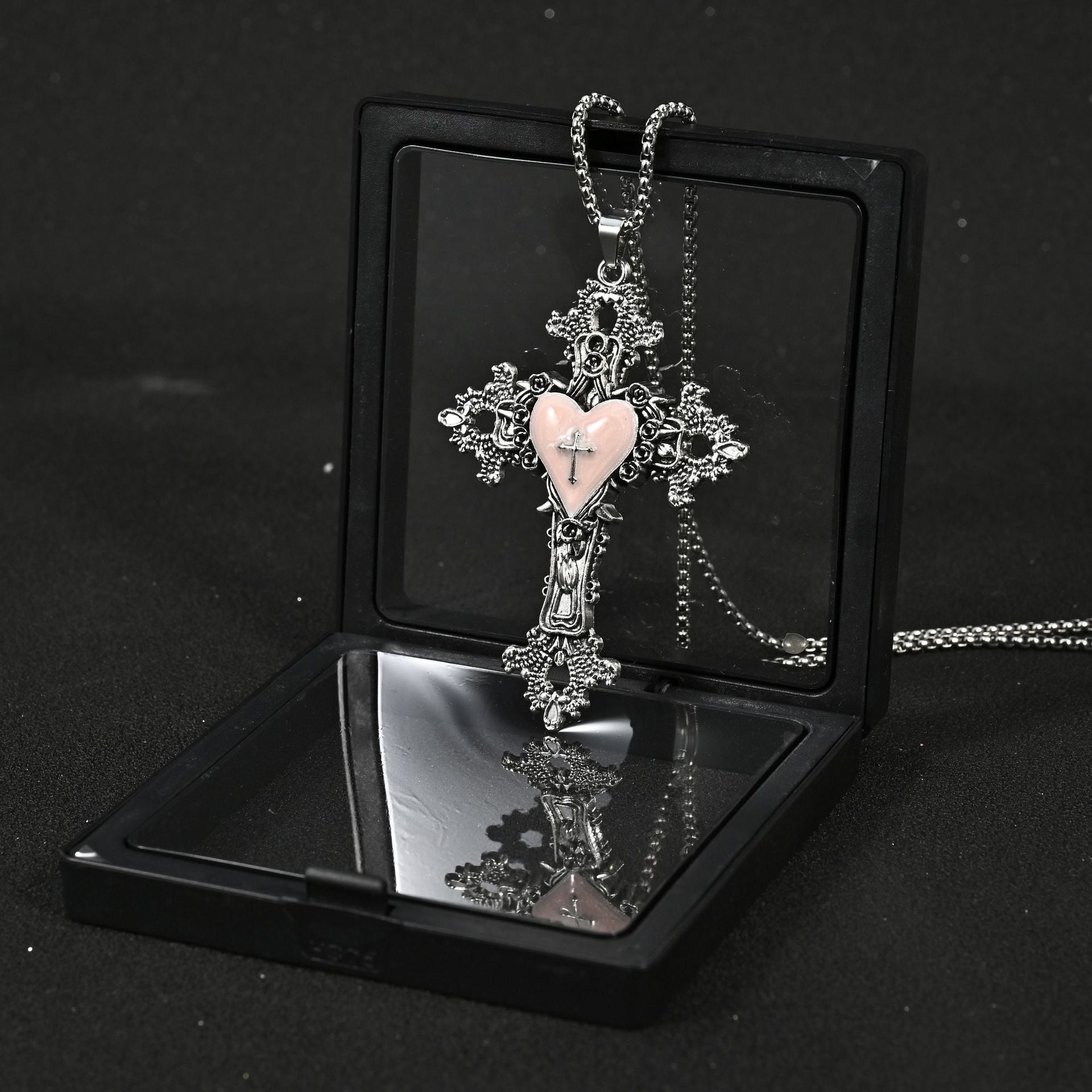 Wholesale Gothic Vampire Punk Rock Cross Pendant Necklace Pink Enamel Finish Stainless Steel And Zinc Alloy Square Pearl Chain Jewelry Accessory For Boutique Resale