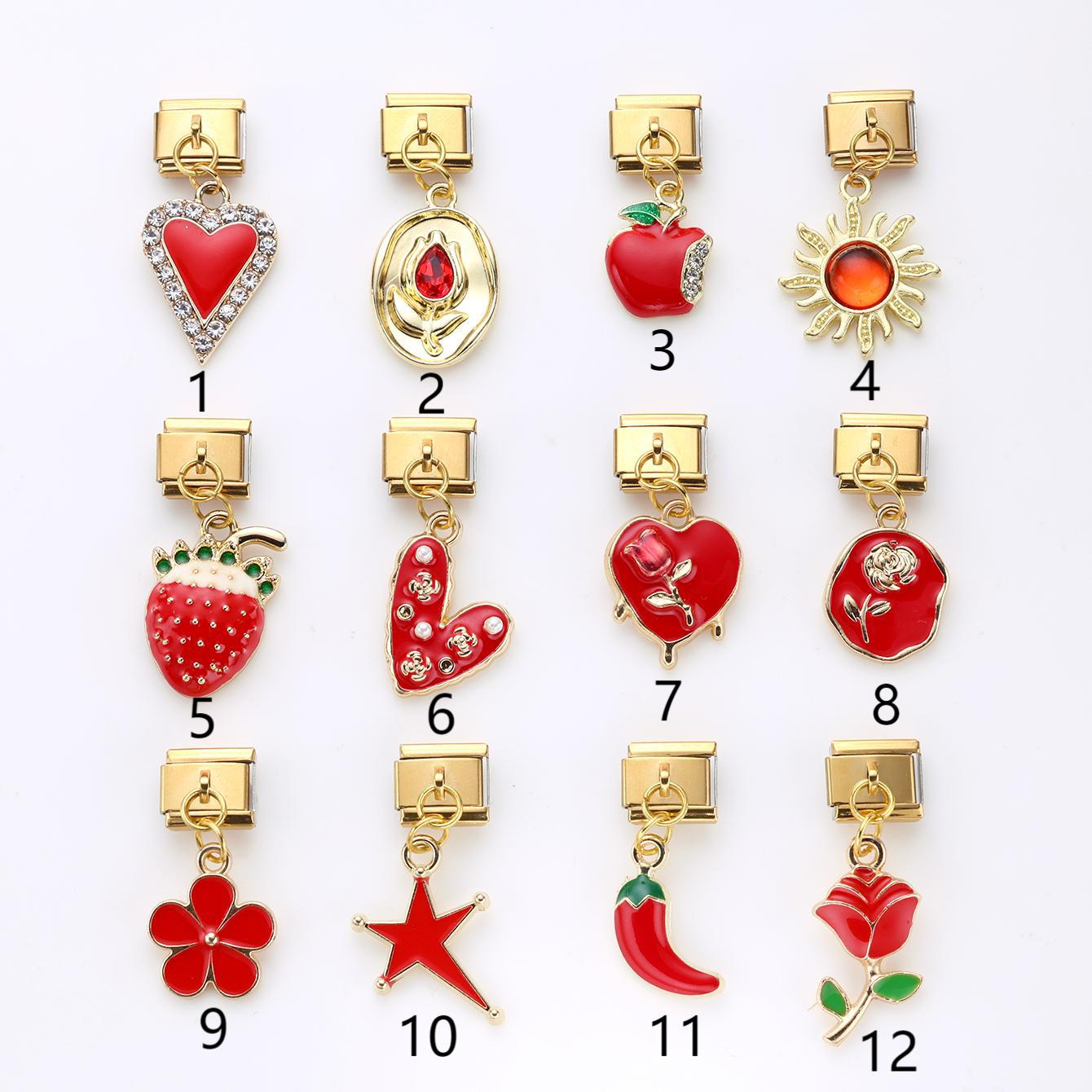 Wholesale 10pcsRed Series Alloy Pendant Italian Module DIY Stainless Steel Bracelet Accessories