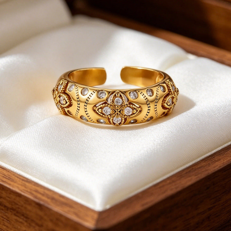 Wholesale Copper Open Flower Ring with Zircon for Women Everyday Wear Fashion Accessory