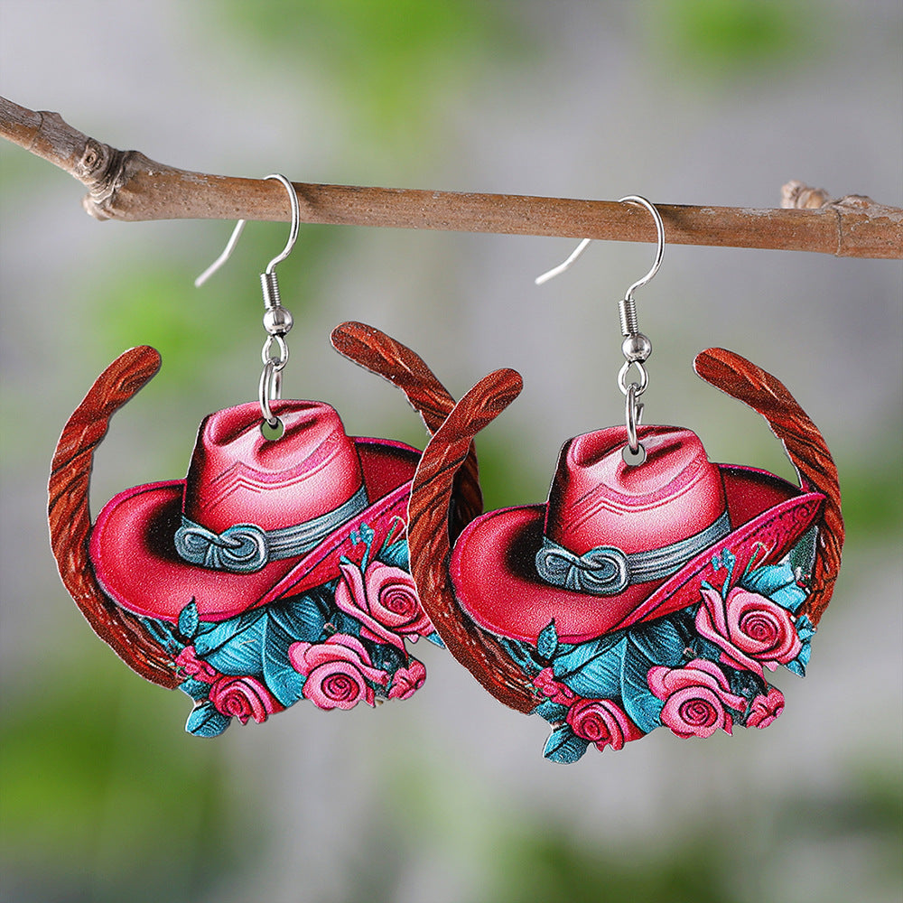Wholesale Western Style Cowboy Hat Flower Horseshoe Pendant Earrings ACC-ES-ChuLian125